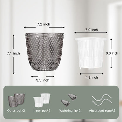 QCQHDU 2 Pack Self Watering Pots, 7.2 Inch Flower Pots with Drainage Holes and Water Filling Port, Plastic Garden Planter for Indoor Outdoor Plants (Gray)