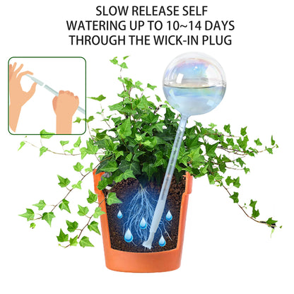 13oz Self Watering Globes (4 Pack),Large Glass Plant Water Bulbs for Vacation, Automatic Drip Irrigation,Iridescent Rainbow Watering Stakes for Indoor & Outdoor Plants (Up to 2 Weeks Hydration)