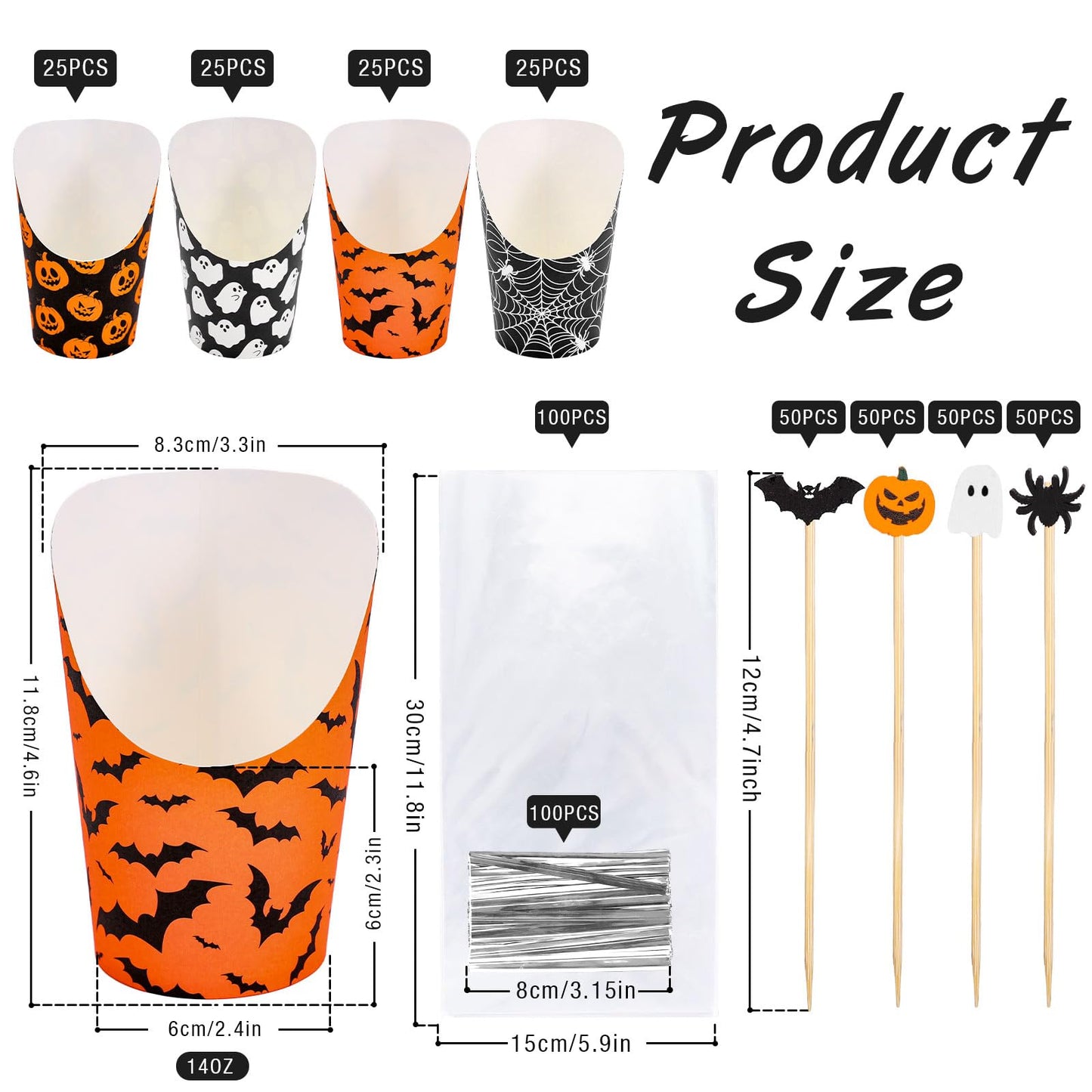 Whaline 100 Sets Halloween Charcuterie Cups with Sticks Bags Twist Ties 14Oz Black-Orange Ghost Pumpkin Bat Spider Web French Fry Holder for Trick or Treat Party Supplies