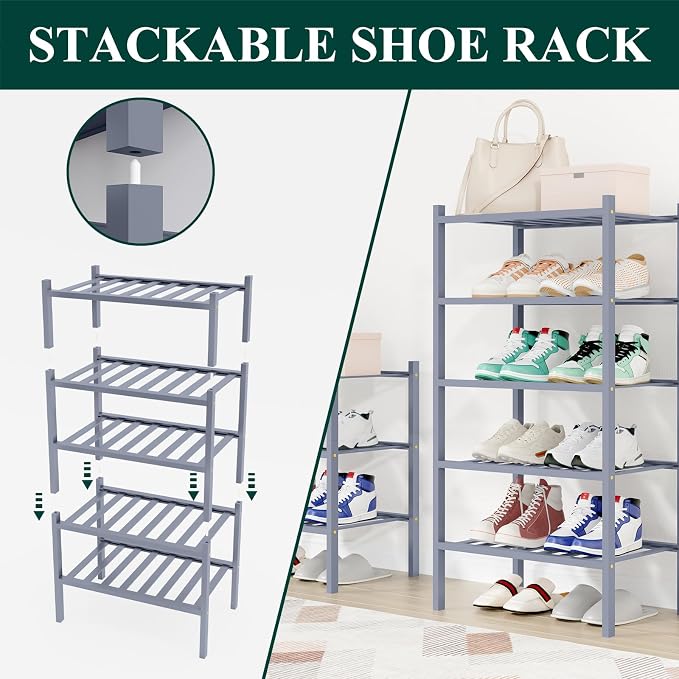 Smiry Small Bamboo Shoe Rack, 6 Tier Free Standing Wooden Shoe Organizer, Stackable Wood Shoe Storage Shelf for Closet, Entryway, 12 Vertical Slats, 2+2+2 Stack Standard Legs, 17.3"x11"x39", Grey