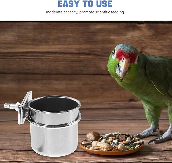 GLEAVI 2pcs Stainless Steel Bird Food Bowls with Clamp Holder, 4.4cm 5.5cm Coop Cup Bird Feeder for Parrot Cage Accessories, Suitable for Cockatiel Budgie Parakeet Feeding