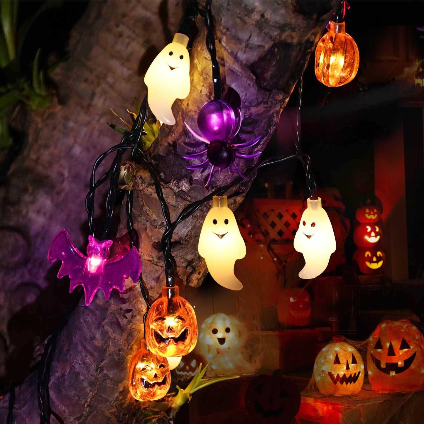 Janchs 40LED Solar Pumpkin Bat Ghost Spiders Lights for Halloween Decorations, 8 Modes, Waterproof, Auto On/Off, for Garden Decor, Halloween, Yard, Lawn, Outdoor Use