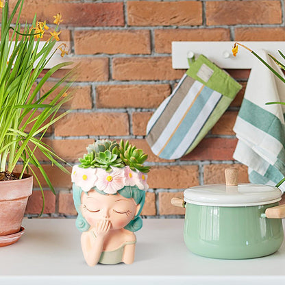 Flower Face Planter - Head Planter, Face Planters | Resin Planter with Drainage, Painted for Girl, Eyes Closed, Cactus Vase for Balcony, Indoor Outdoor Garden