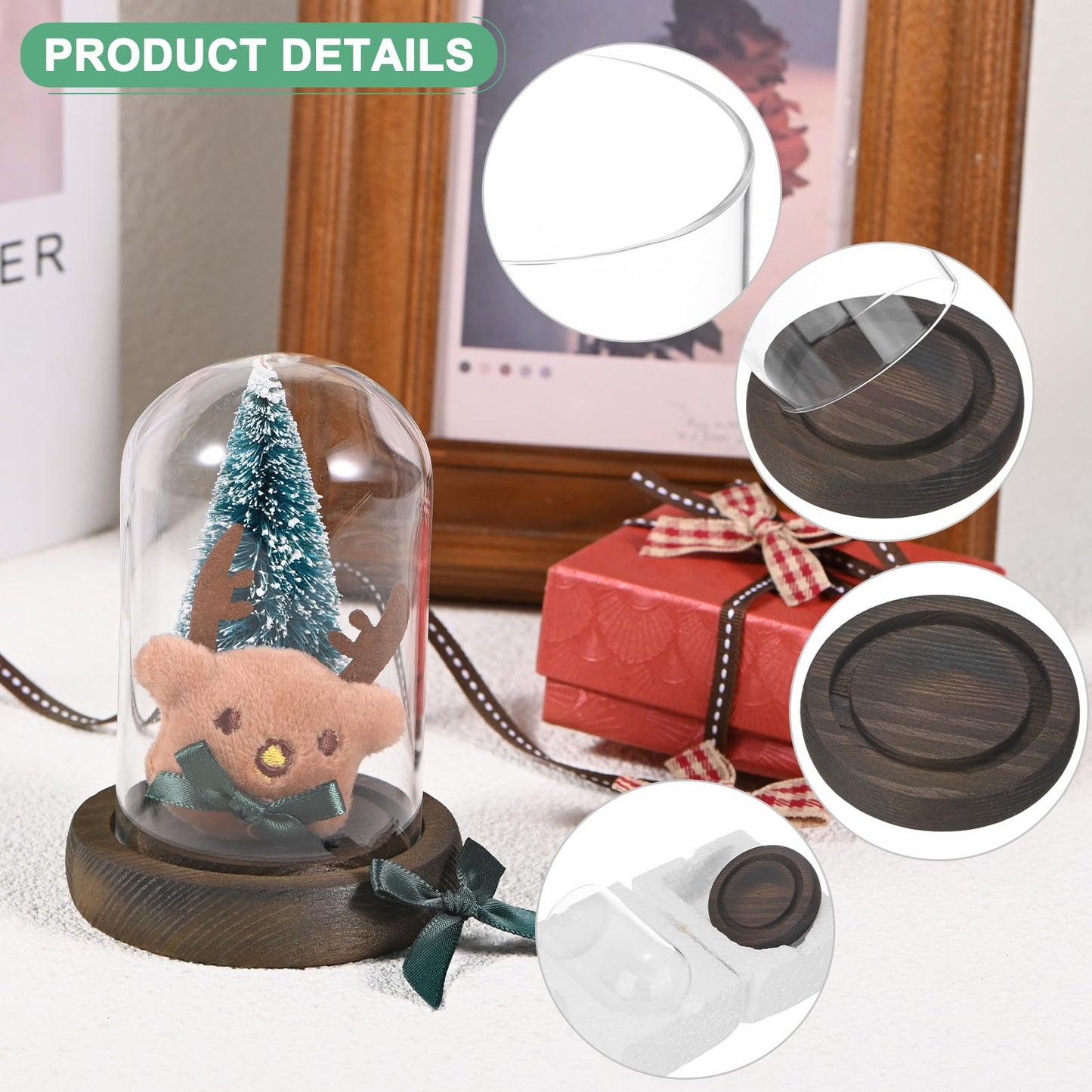 M METERXITY Cloche Glass Dome, 3.9"x2.4" Glass Display Case with Wooden Base for DIY Snow Globes/Small Plants/Flowers/Candles/Models/Souvenirs, Tabletop Centerpiece [Dark]