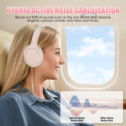 TANKASE Active Noise Cancelling Headphones, Wireless Over Ear Bluetooth Headphones,100H Play Time Bluetooth Headphone with Microphone,Lightweight and Foldable Comfortable Deep Bass for Work/Gym Pink
