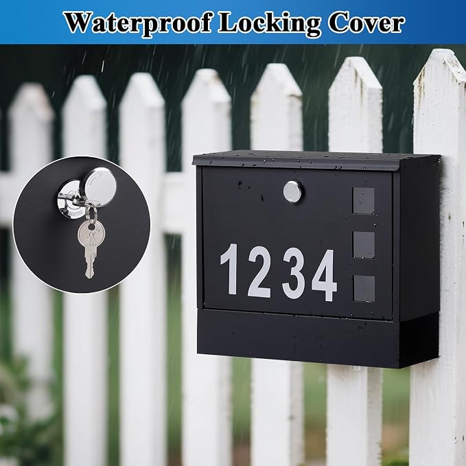 Locking Mailbox Wall Mount for Outside– Jssmst Mailboxes with Number and Key Lock for Front Door Fence, Large Capacity Letter Box, 14.3 x 4.1 x 11.8 Inch, Black
