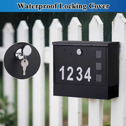 Locking Mailbox Wall Mount for Outside– Jssmst Mailboxes with Number and Key Lock for Front Door Fence, Large Capacity Letter Box, 14.3 x 4.1 x 11.8 Inch, Black