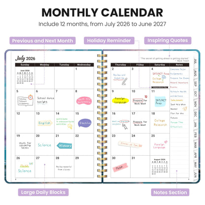 Academic Planner 2026-2027, Monthly and Weekly Calendar Planner, July 2026 - June 2027, Pretty Hardcover Teacher Student Planning Agenda Book with Tabs, Fit for School Office Supplies, 6.3" x 8.5", Pastel Horizon