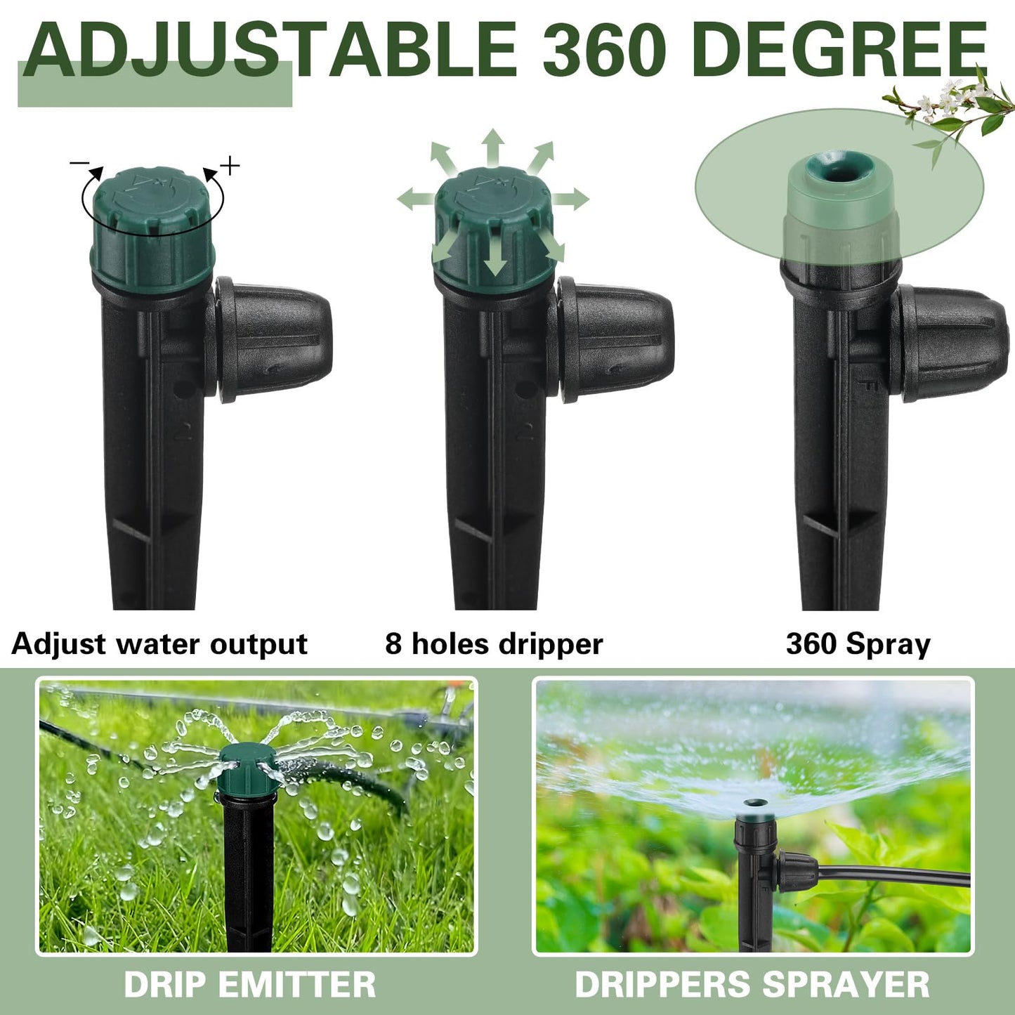 Glooglitter 100 Pcs Drip Irrigation Emitters for 1/4" Tubing 50 Micro Irrigation Emitters Sprayer 50 Adjustable 360 Degree Water Flow Drippers for Garden Irrigation System(Green, Latch)