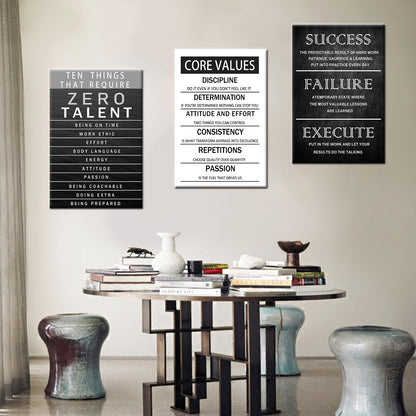 Zero Talent Poster Motivational Office Quotes Wall Art Core Values Inspirational Wall Decor Canvas Print 3 Panel Picture Artwork for Living Room Bedroom Home Decor Framed Ready to Hang [48''Wx 24''H]