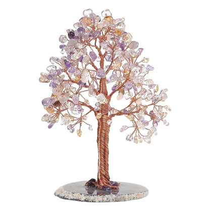 dssmboom Healing Crystal Money Tree with Natural Agate Slice Base for Chakra Balancing, Decorative Feng Shui Stone Bonsai Crystal Tree for Wealth and Good Luck, Amethyst & Citrine