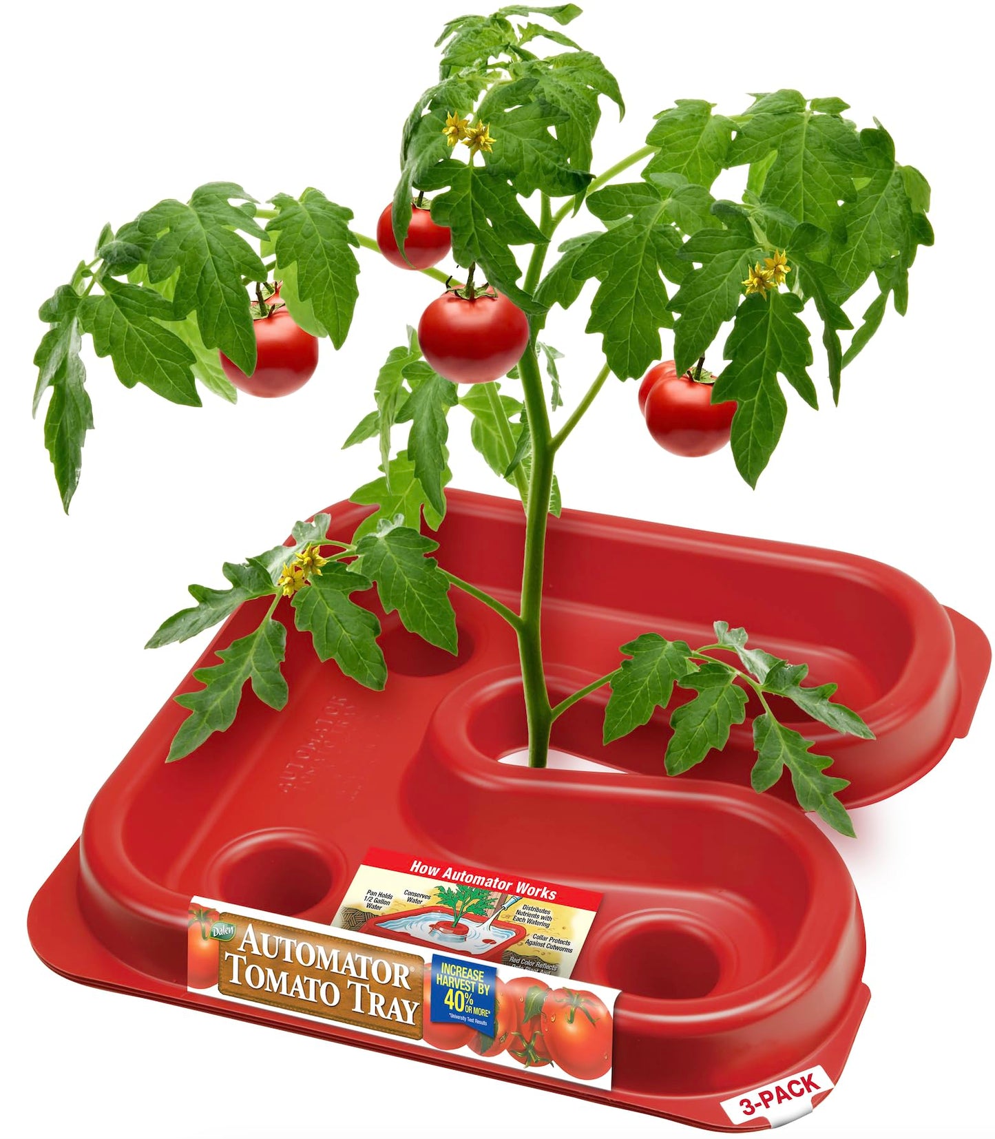 Dalen Automator Tomato Growth Trays with Reflective Surface and 0.5 Gallon Water Reservoir, 3-Pack, 12 x 12 inches - Root Watering Basin with Fertilizer Spikes - Red