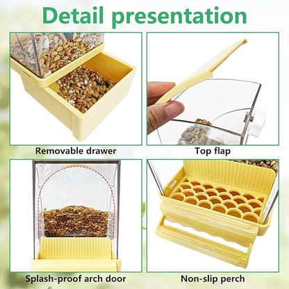 Hamiledyi Automatic Bird Feeder No Mess Bird Cage Feeder Transparent Acrylic Parrot Seed Food Container with Perch Cage Accessories for Parakeet Finch Lovebirds Budgies Canary (Yellow)