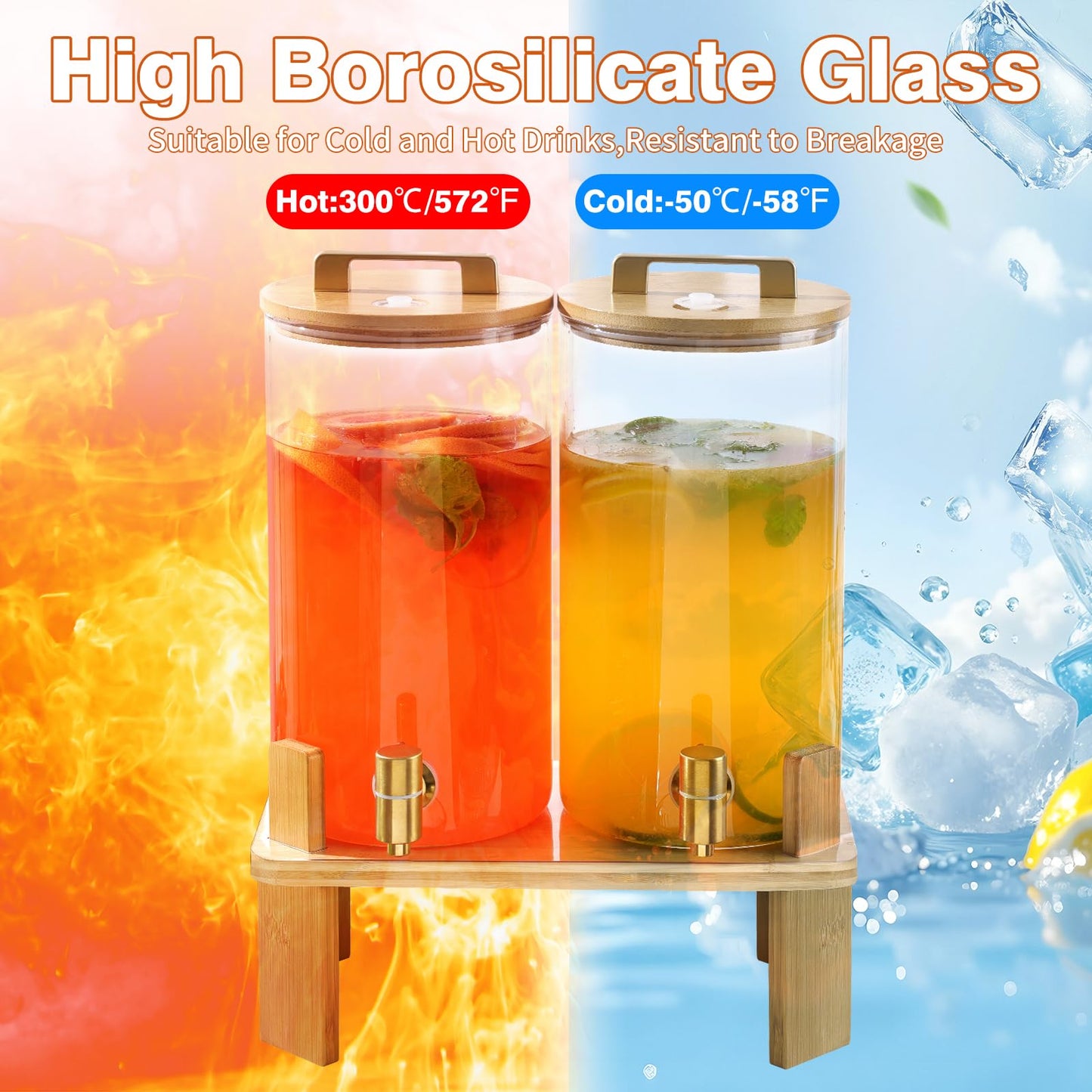 1.5 Gallon 2PCS Glass Drink Dispenser for Parties,Beverage Dispenser with Wooden Stand, Lemonade Dispenser,Juice Containers & Water Pitcher with Lid for Lemonade, Iced Tea and Party Drinks