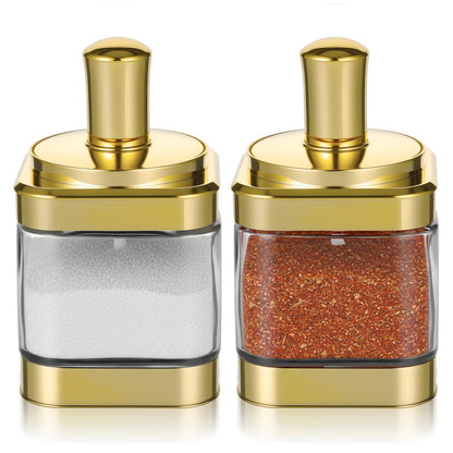 Hpmjz 2 PCS Glass Condiment Containers Gold Spice Jars with Lids and Spoons Seasoning Pot Set Salt Box Sugar Dispenser for Kitchen Dining Room Counter Flour Sugar