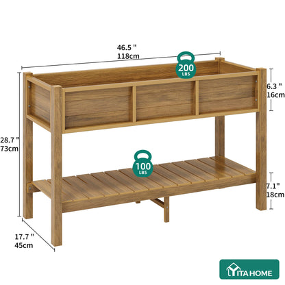YITAHOME Raised Garden Bed Outdoor HDPE with Shelf, 48x18x30in Poly-Wood Weather-Resistant Elevated Planter Box with Legs for Vegetable Flower, Herb Garden Bed for Backyard Balcony Garden, Brown