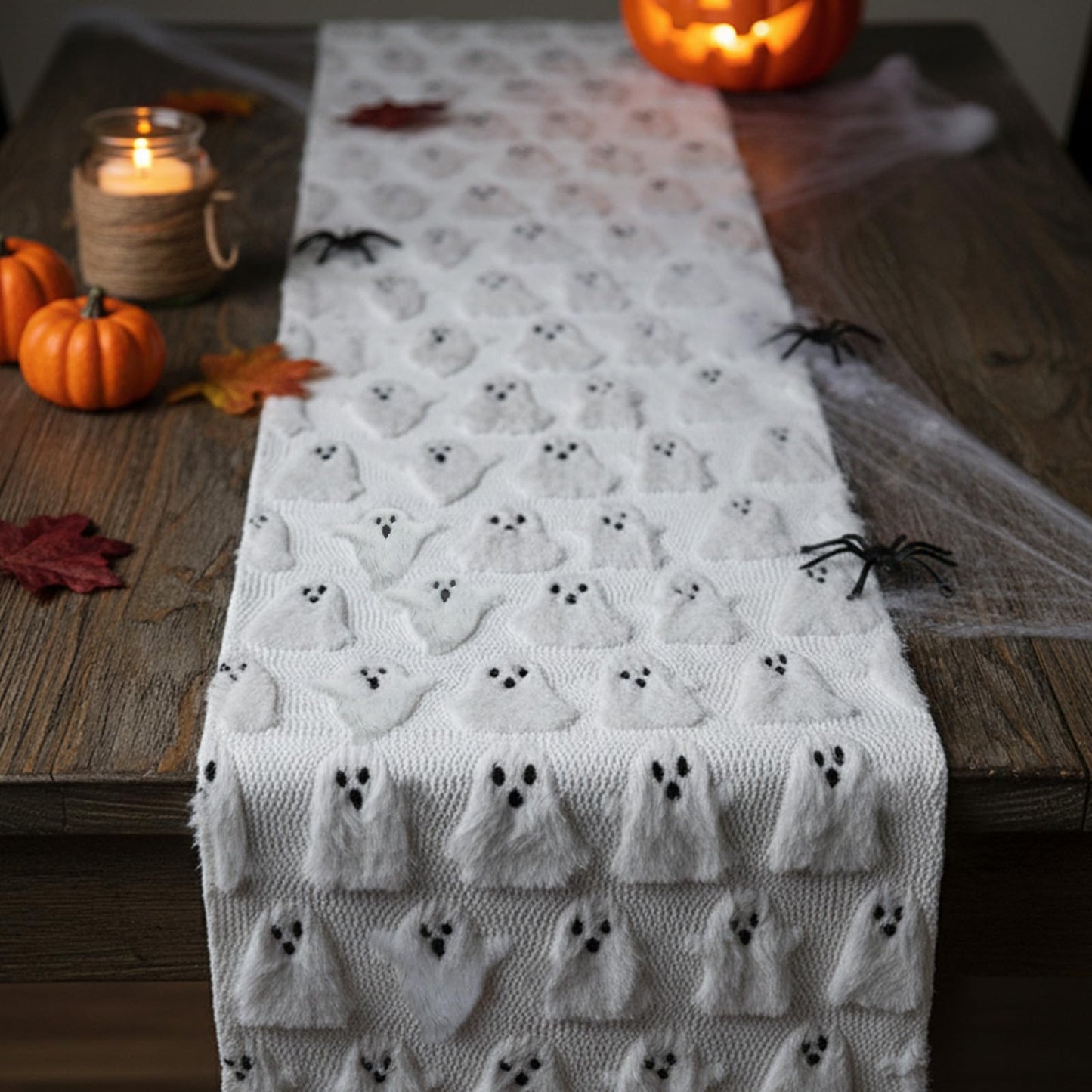 Halloween Table Runner 13x72 Inch Ghost Soft Plush Faux Fur Halloween Table Runner Hallowee Home Decor, Holiday Kitchen Dining Table Decoration for Home Party Decor