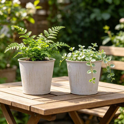 Hosley Set of 2 White Bucket/Pots with PVC Liner, 6.5" Dia x 6" H Ideal Gift for Floral Arrangements Wedding Home Office Party DIY Indoor Outdoor Garden Patio
