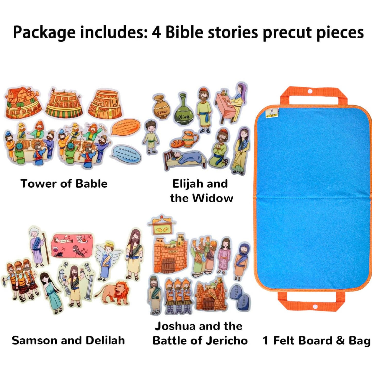 CHEFAN 4 Pack Felt Board Bible Stories Set, Flannel Board Stories Elijah and The Widow|Samson and Delilah|Joshua and The Battle of Jericho|Tower of Babel, Precut Flannel Graph Bible Toys for Kids…