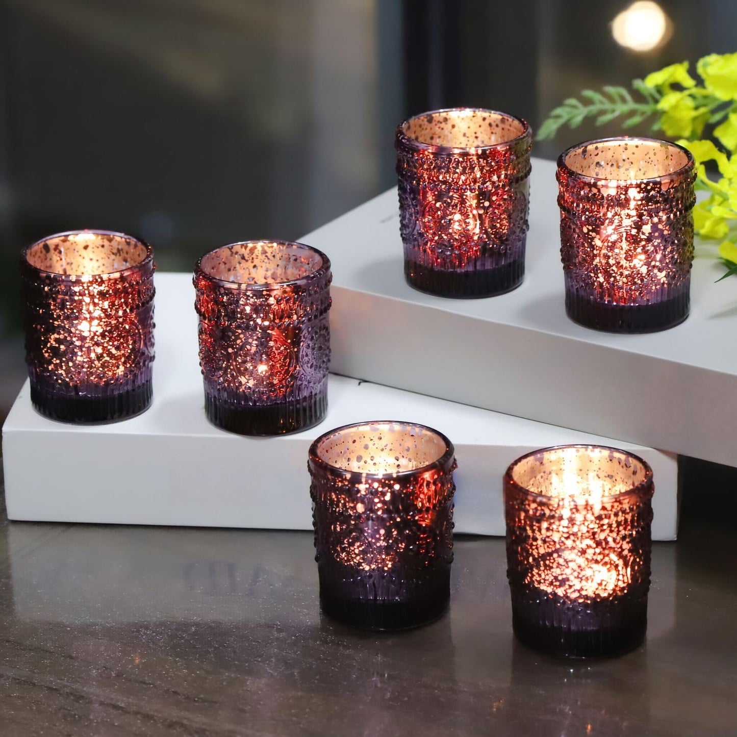 VOHO 12pcs Sunflower Purple Votive Candle Holders for Table Centerpiece, Mercury Tealight Candle Holder for Wedding Decor, Boho Tea Light Candle Holder Glass Gifts for Easter Halloween(2.1x2.6 In,W/H)