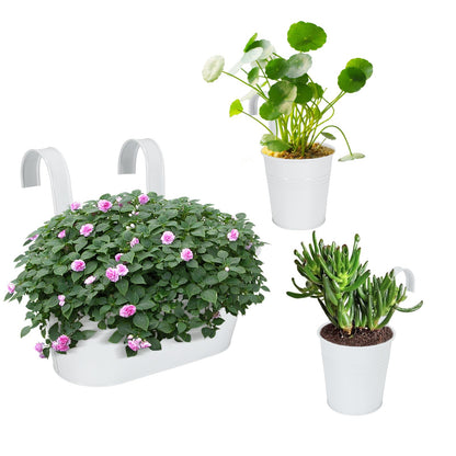 HowRU Metal Iron Flower Pots for Railing Fence Hanging Bucket Pots(5 Pcs) and Hanging Flower Pots Metal Iron Bucket Planter(10 Pcs) (White)