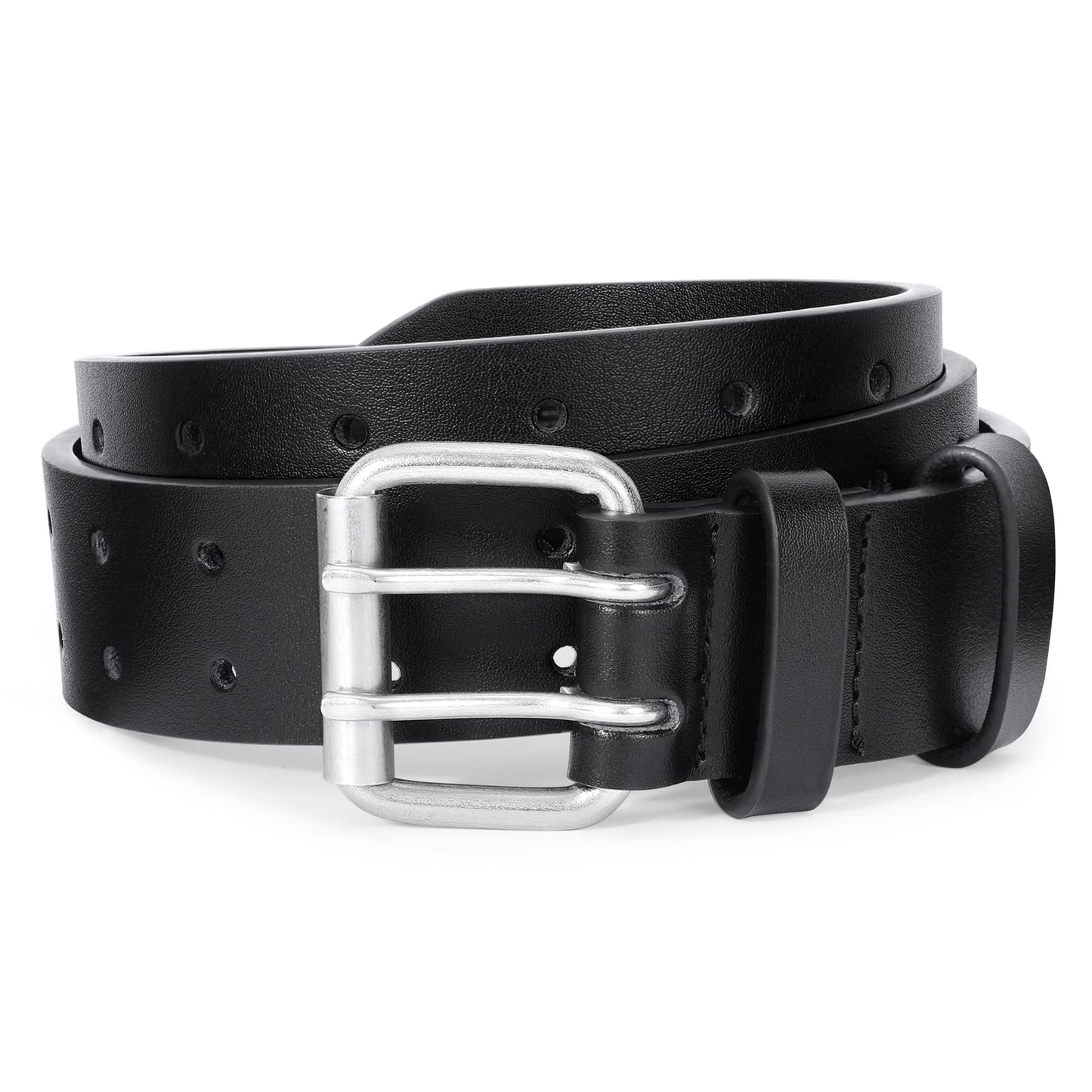 JASGOOD Men Double Prong Leather Belt Casual Work Heavy Duty Belt Double Grommet Holes Belt for Jeans (Black,Suit for Waist Size Below 51")