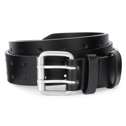 JASGOOD Men Double Prong Leather Belt Casual Work Heavy Duty Belt Double Grommet Holes Belt for Jeans (Black,Suit for Waist Size Below 51")