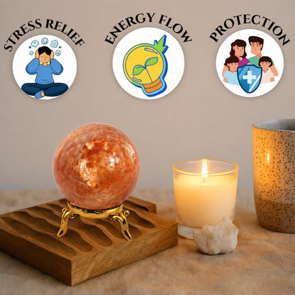 GEMSCITE Natural Sunstone 50-55 mm Gemstone Ball Sphere with Stand Hand Carved Crystal Altar Healing Devotional Focus Spiritual Chakra Cleansing Metaphysical Gift for Men Women from India