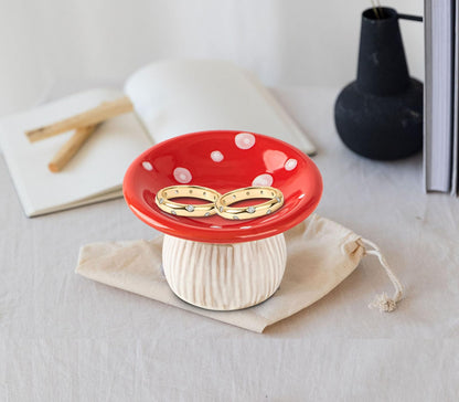 dgudgu Mushroom Ring Holder Jewelry Tray Red Dish Ceramic Trinket Storage Jar Mini Engagement Ring Holder