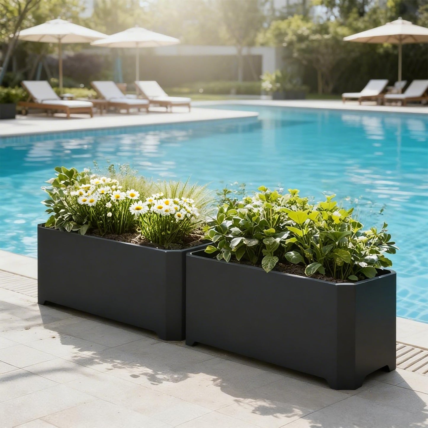 GJWCVL Steel Planter Box-32"x15"x15"-Rectangular Planters for Outdoor Plants, Black Matel Planter Box Raised Support Feet for Patio, Deck, Garden, Yard, Drain Holes, Easy Assembly