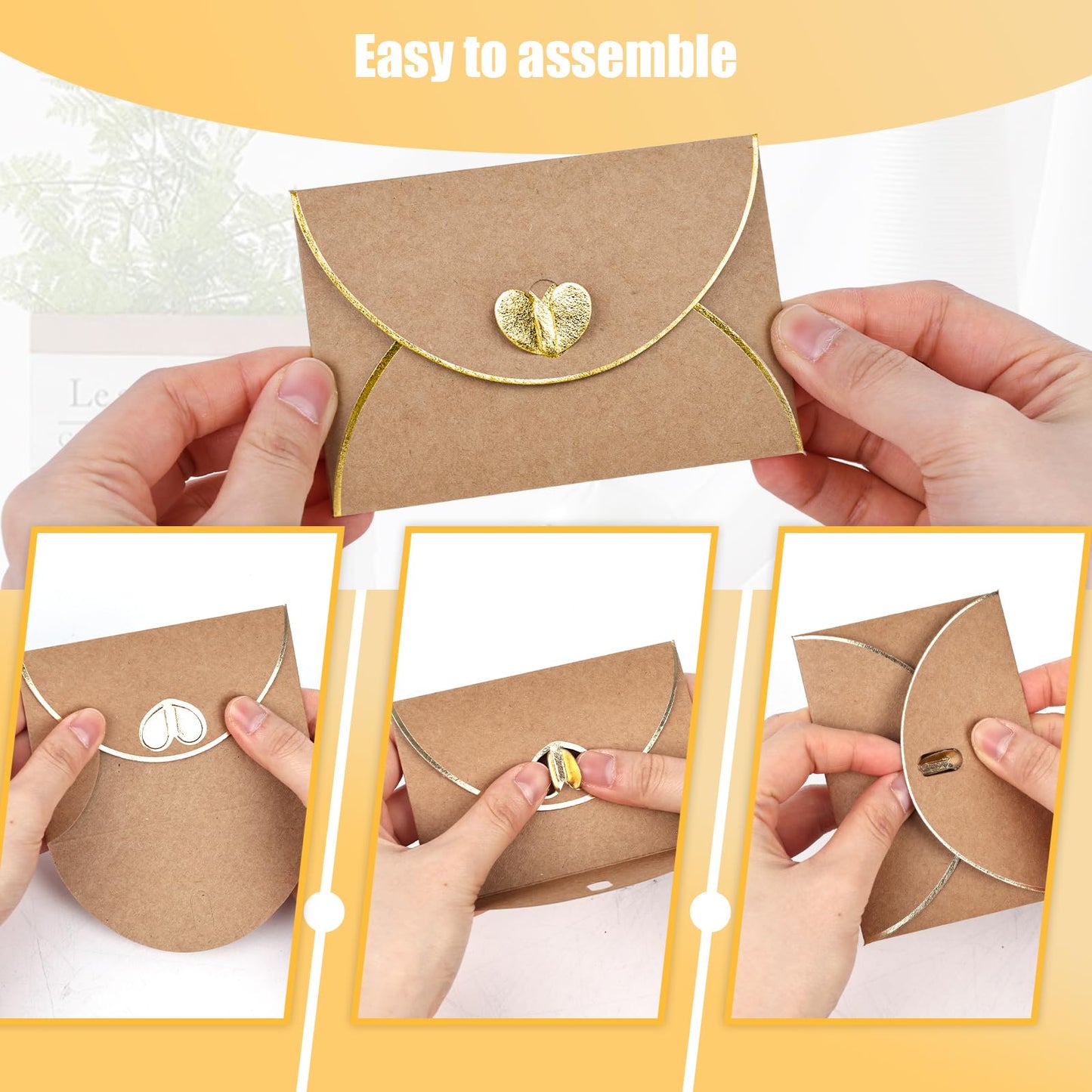 JOHOUSE 50PCS Mini Gift Card Envelopes, 4 x 3 Inch Brown Gift Card Holders with Gold Border & Heart Clasp, for Thank You Cards, Wedding, Birthday, Business Cards