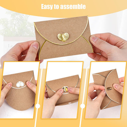 JOHOUSE 50PCS Mini Gift Card Envelopes, 4 x 3 Inch Brown Gift Card Holders with Gold Border & Heart Clasp, for Thank You Cards, Wedding, Birthday, Business Cards