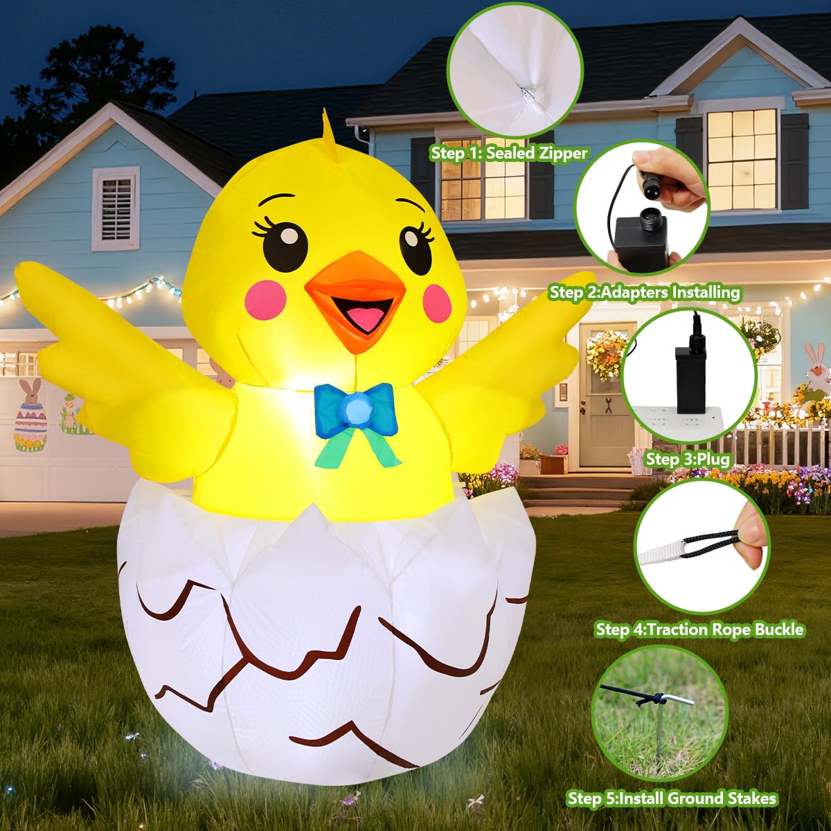 COMIN 4.2 FT Easter Chick Inflatables Take Outdoor Decorations Blow Up Yard with Built-in LEDs for Indoor Party Garden Lawn Decor