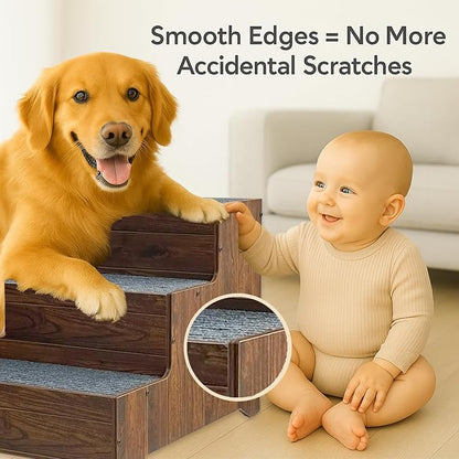 Furniture Dog Stairs for Large Dogs, Wooden Wide Pet Steps, Non-Slip 3-Step Stable Dog Ladder for High Bed,Couch,Sofa – Upgraded Solid Stair for Senior, Injured, Recovering, Short-Legged Pets,Walnut
