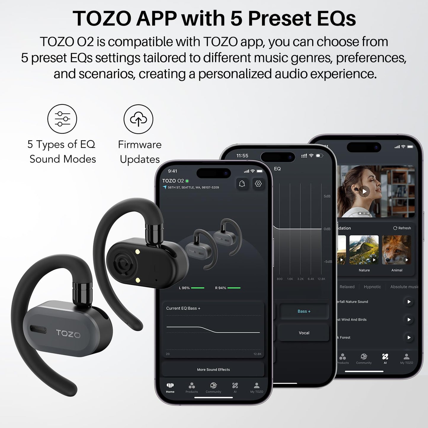 TOZO O2 True Open Ear Wireless Headphones Lightweight with Multi-Angle Adjustment, Bluetooth 5.3 Earbuds with Dual-Axis Design for Long-Lasting Comfort, Crystal-Clear Calls for Driving, Dark Black