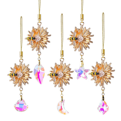 5Pcs Crystal Suncatchers Glass Prisms Christmas Tree Decorations Gold Flower Bee Hanging Crystal Ornament Wedding Party Home Decor