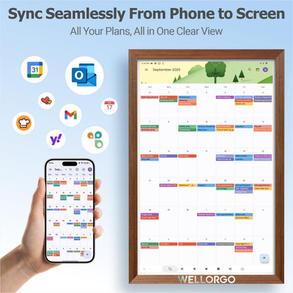 Wellorgo 24" Digital Calendar, Electronic Smart Calendar for wall, Family Daily Planner/Chores Chart for Kids, Touch Screen with Remote, Streaming Apps Available, Adjustable Wall Mount & Picture Frame