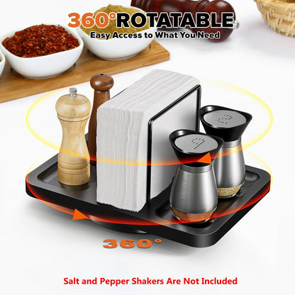 Rotating Napkin Holder for Table, Bamboo Standing Napkin Dispenser with Salt Pepper Shakers Caddy, Black Metal Hand Towel Holder for Bathroom Home Kitchen Farmhouse Decor Not Including Shakers