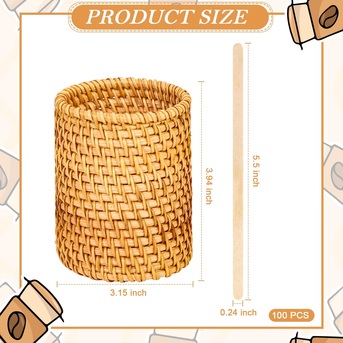 100 Pcs Wood Rattan Coffee Stirrers Holder Set Coffee Stir Sticks Wood Cocktail Stirrers Disposable Beverage Stirrer Sticks 5 Inch Stirring Sticks For Coffee Bar Home Counter Hot or Cold Drinks Tea