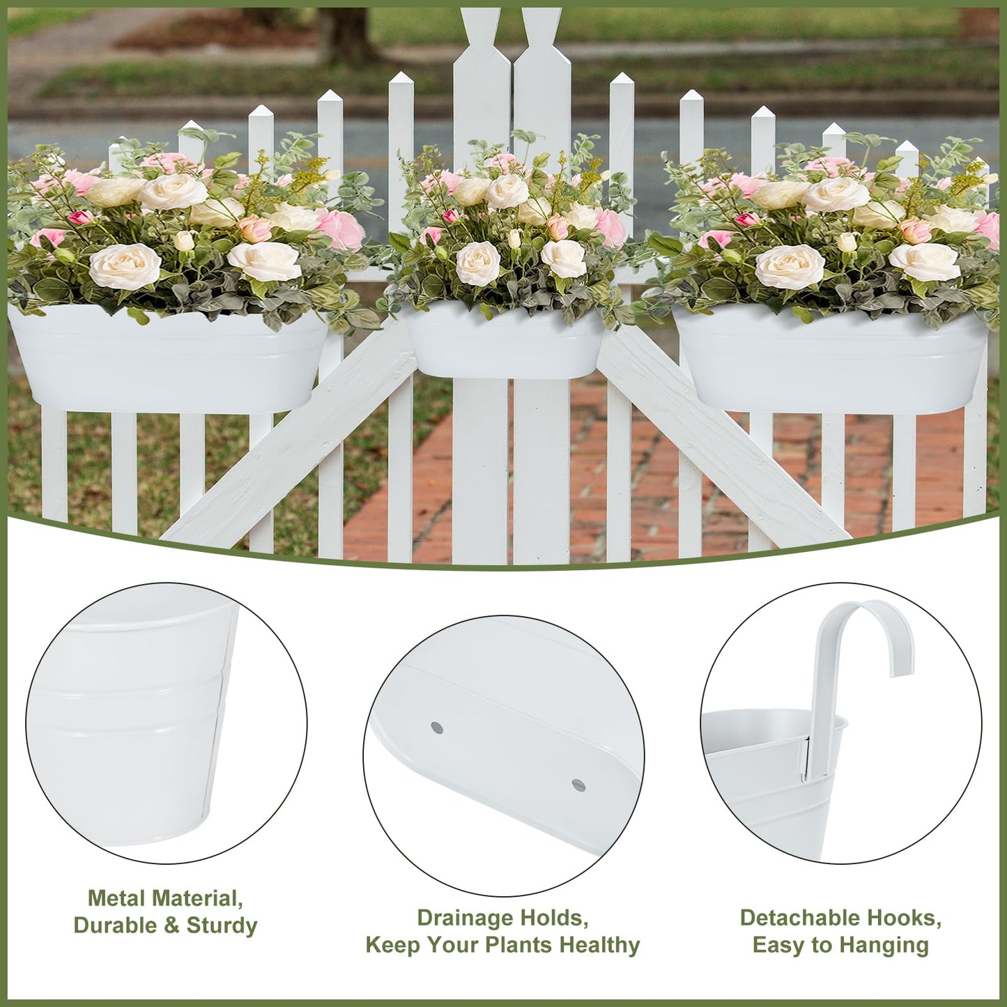 3 Different Size Metal Iron Hanging Flower Pots 10 Pcs for Outdoor Plants Metal Hanging Bucket Pots Iron Railing Fence Planter with Drainage Holes and Hooks for Porch Railing Balcony Fence (White)