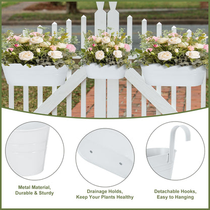 3 Different Size Metal Iron Hanging Flower Pots 10 Pcs for Outdoor Plants Metal Hanging Bucket Pots Iron Railing Fence Planter with Drainage Holes and Hooks for Porch Railing Balcony Fence (White)