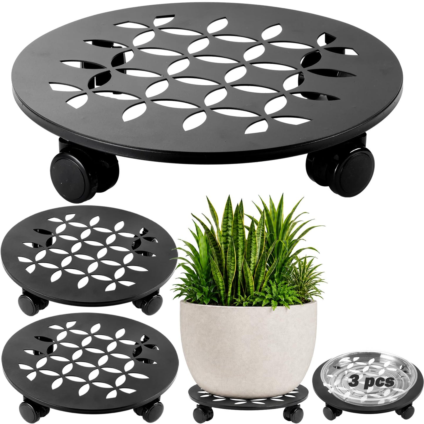 DEELF OUTLET 3 Packs 13.5" Large Metal Plant Caddy with Wheels Heavy-duty Plant Dolly Pot Mover Rollers Rolling Plant Stands Indoor Outdoor Wheeled Plant Holder Coaster Trolley, Black