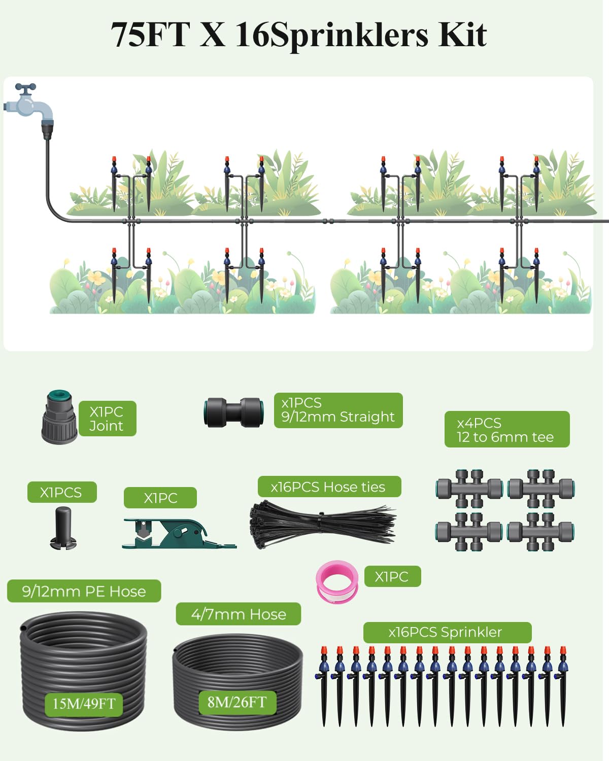 MYMULIKE Drip Irrigation System, 1/2" Main Pipe & 1/4" Branch Pipe, Adjustable Drip Emitters, Automatic Irrigation Kit Garden Watering System for Flower Bed, Raised Beds, Lawn, Greenhouses
