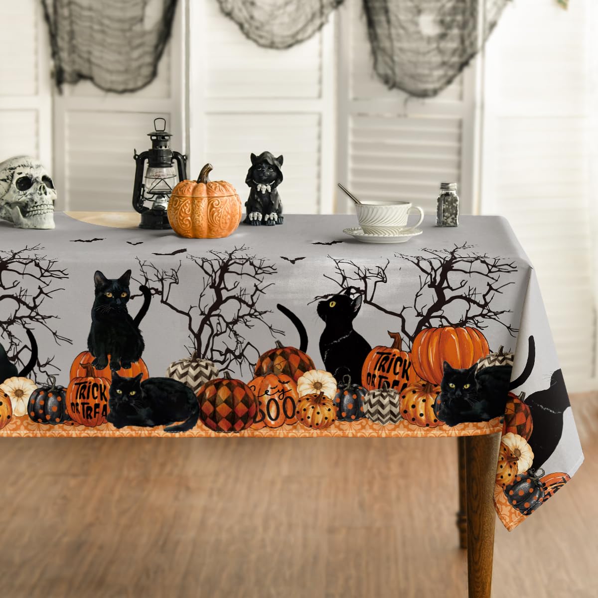 Horaldaily Halloween Tablecloth 52×70 Inch Rectangular, Buffalo Plaid Pumpkin Moon Cat Washable Table Cover for Party Picnic Dinner Decor