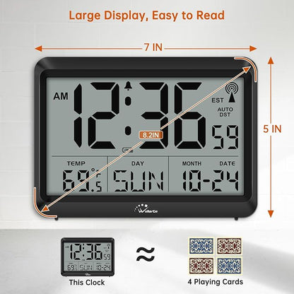 WallarGe Atomic Digital Wall Clock Battery Operated, Self-Setting, Large Display with Temperature, Date, Day of The Week, Silent Wall Mount Digital Clock, 4 Time Zones, DST