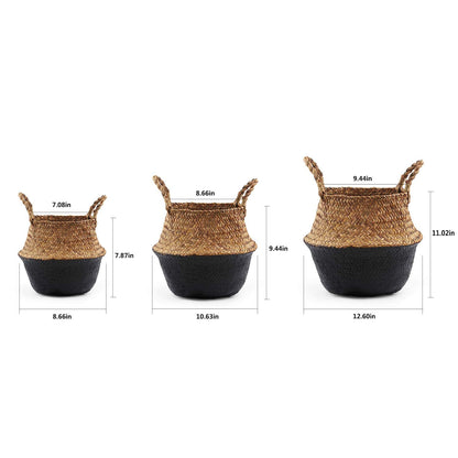 BlueMake Woven Seagrass Belly Basket for Storage, Laundry, Picnic, Plant Pot Cover, and Grocery and toy storage (Small, Black)