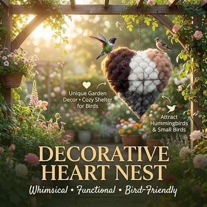 Handmade Alpaca Fiber Bird Nest Heart - Natural Nesting Material, Winter Nesting Material for Wild Birds and Hummingbirds | Garden Decoration, a Gift for Bird Lovers.