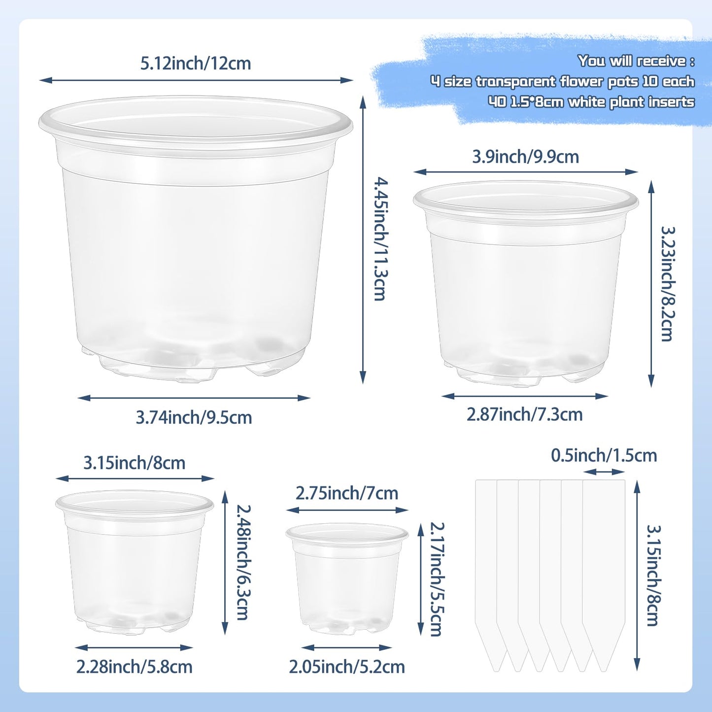 VOKOY 40 Pack 5/4/3/2.75 Inch Clear Nursery Pots with 40 Plant Labels, Clear Plant Pots with Drainage Hole Plastic Transparent Variety Pack Garden Flower Seedling Pot Small Planter Containers