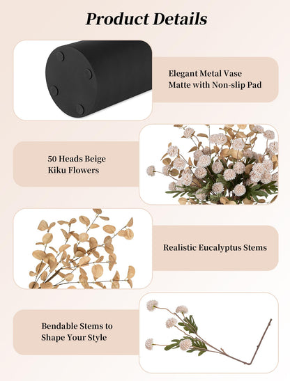 BLOSMON Fake Flowers Centerpieces for Tables: Gifts for Women Metal Vase with 12 Stems of Artificial Mums Kiku Eucalyptuses for Dining Room - Beige Faux Floral Arrangements in vase