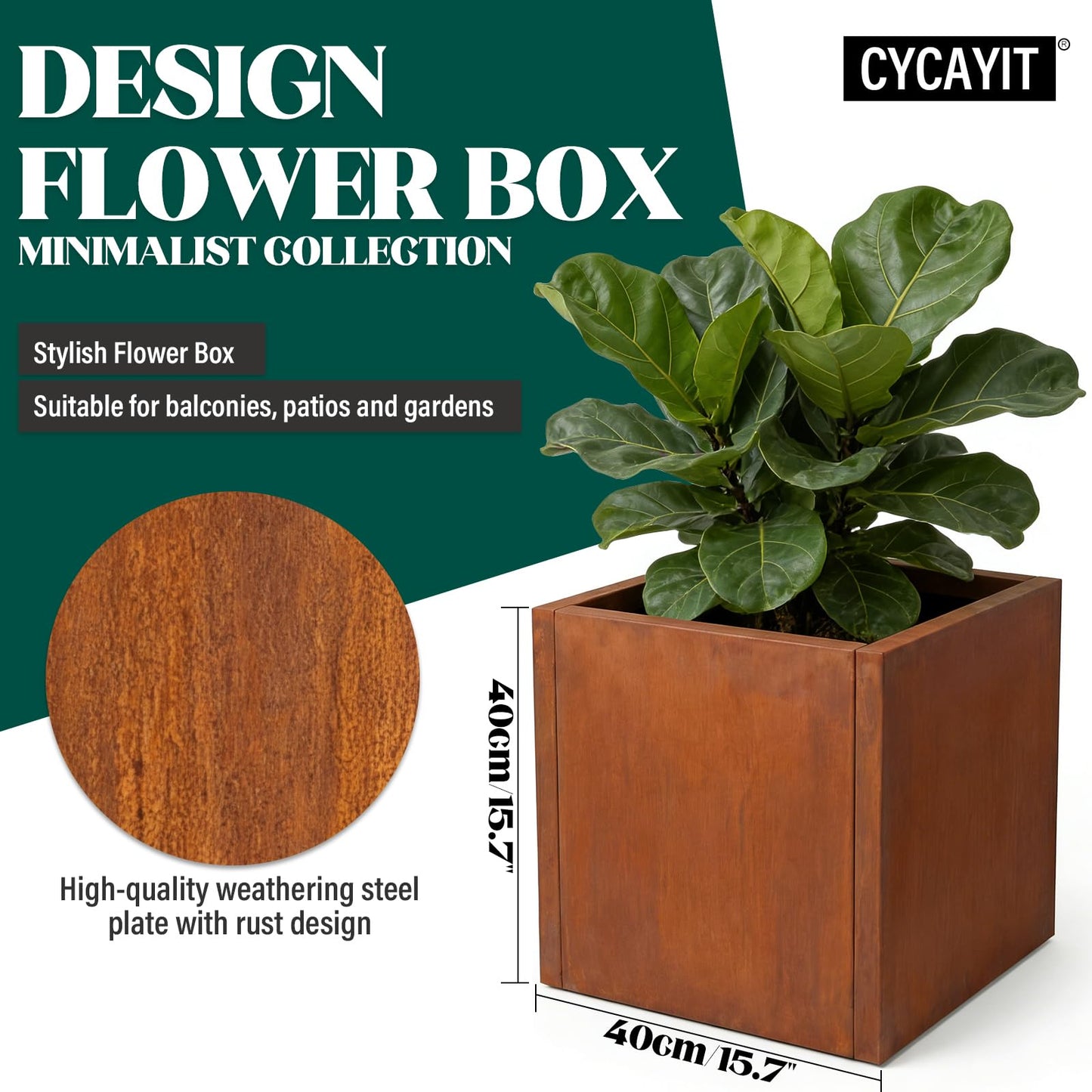 Cycayit Modern Corten Steel Planter 16” Cube, 1.5mm Heavy Duty Rust Finish Square Planter Box with Drainage Hole, Decorative Outdoor Metal Planter for Patio, Balcony, Entryway, Garden Decor